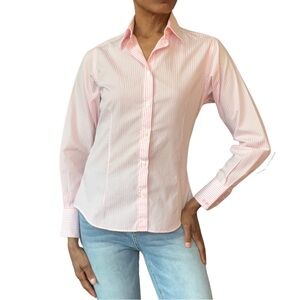 ESSENZA CUSTOM MADE BUTTON DOWN LONG SLEEVE PINK & WHITE STRIPE BLOUSE